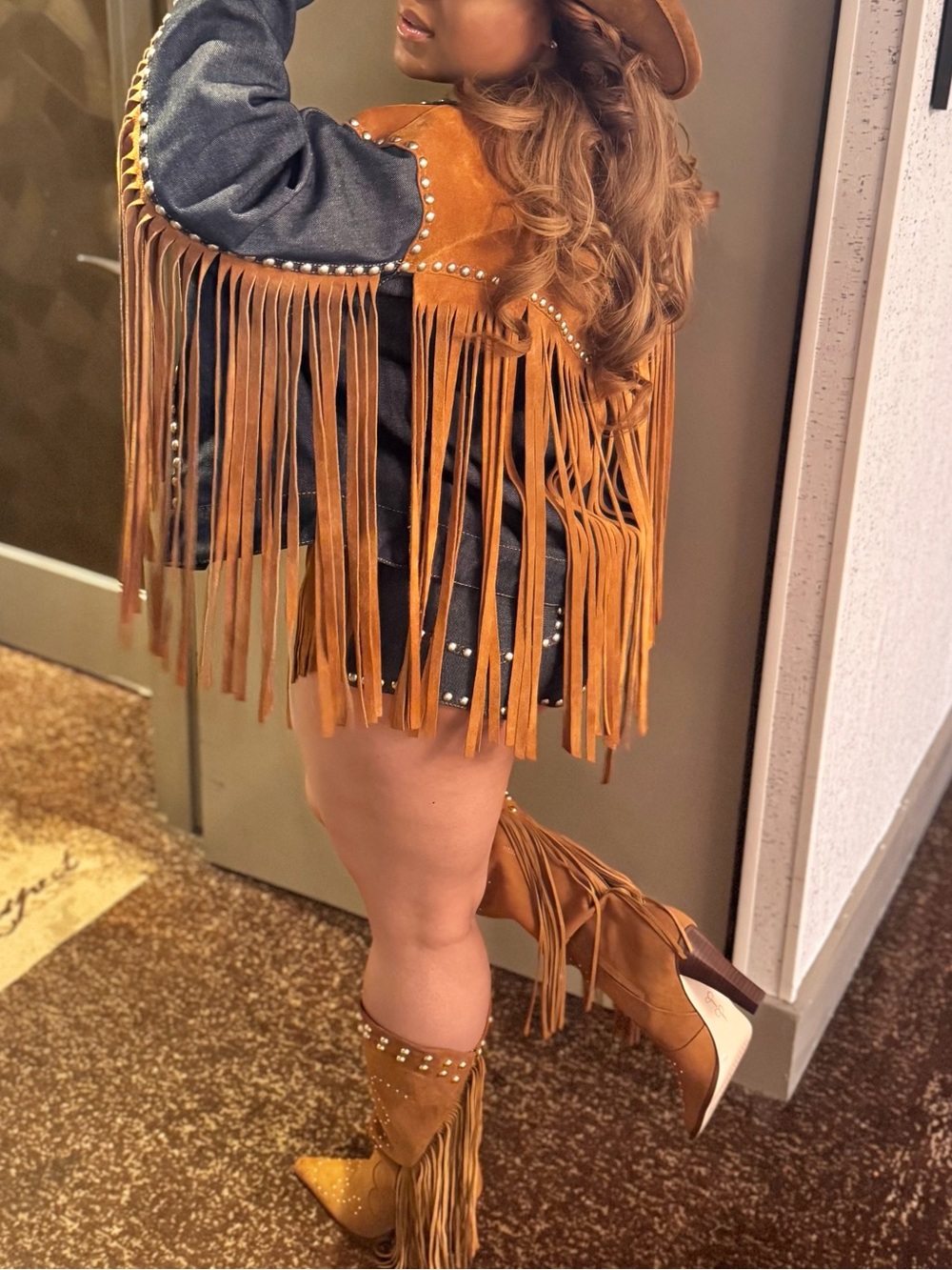 Nasty Gal Denim & Tan Suede Fringe Western Jacket - Picture 1 of 6